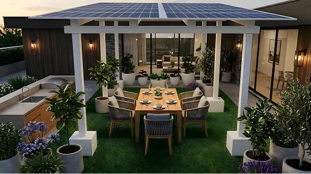 Green Nest solar designer space with planters and greenery