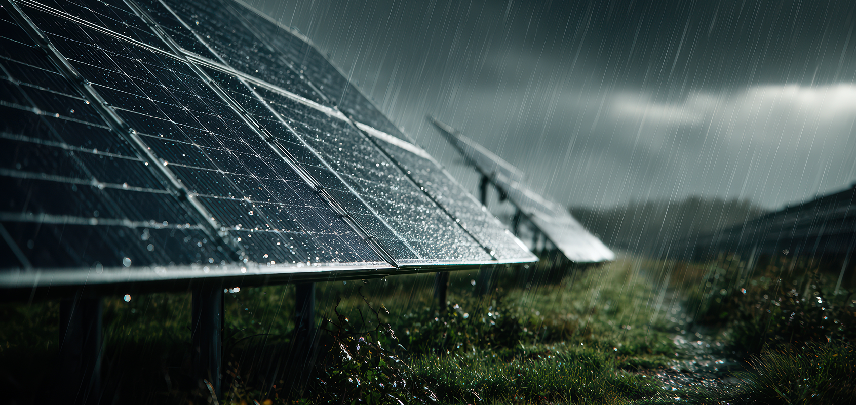 Solar panels generating power during rain
