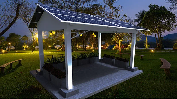 Glow Garden solar space with planters and string lights