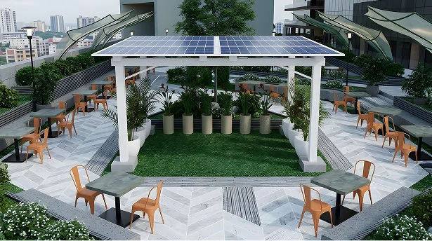 Palm Grove rooftop solar space with tropical landscaping
