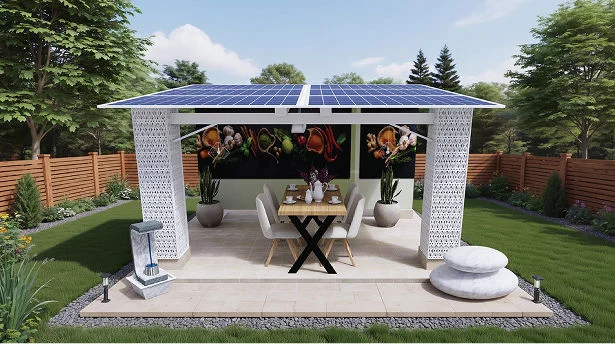 Outdoor Dining Space solar space with lights and plants