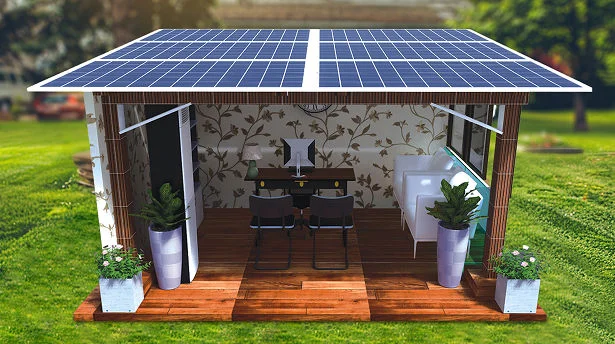 Outdoor Workspace rooftop solar office with glass partitions