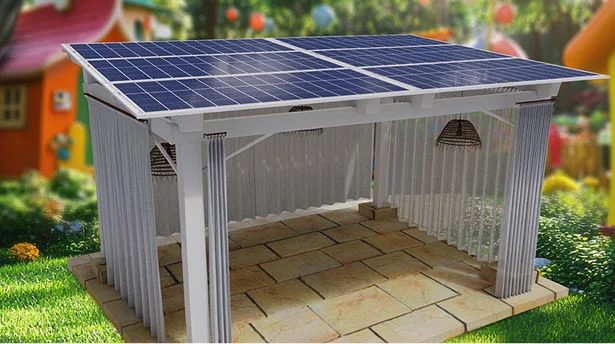 Serene Corner outdoor solar space with grey curtains