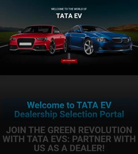 Fake website impersonating TATA.EV brand with the message “Welcome to TATA EV Dealership Selection Portal rephrase