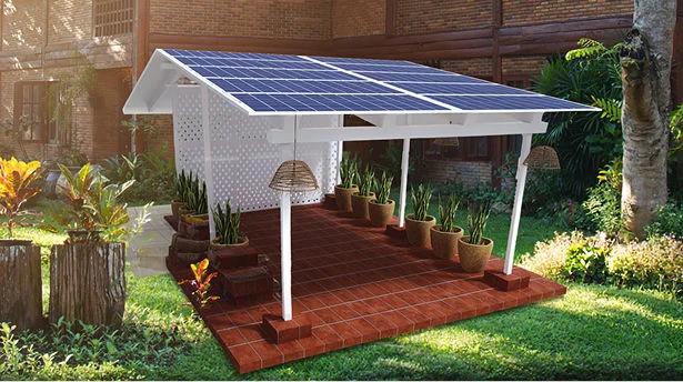 Earthy Nest solar space with greenery and warm lighting
