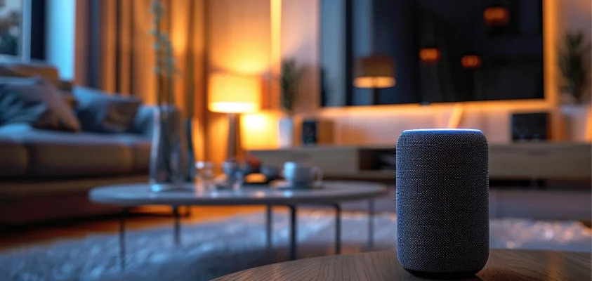 Echo smart speaker in living room with seamless smart home integration