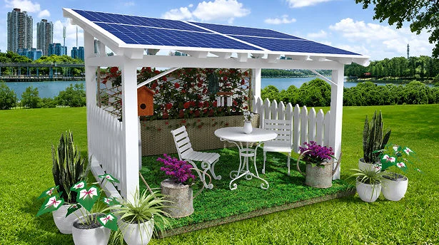 Cottage Garden rooftop solar space with picket fencing