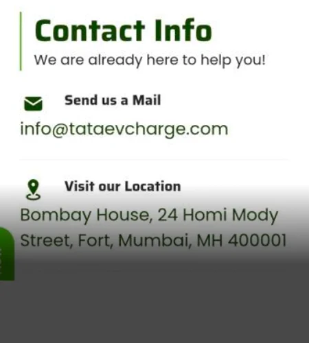 Fake Tata Power EV Charge website repeatedly uses the official TATA Bombay House as its main address.