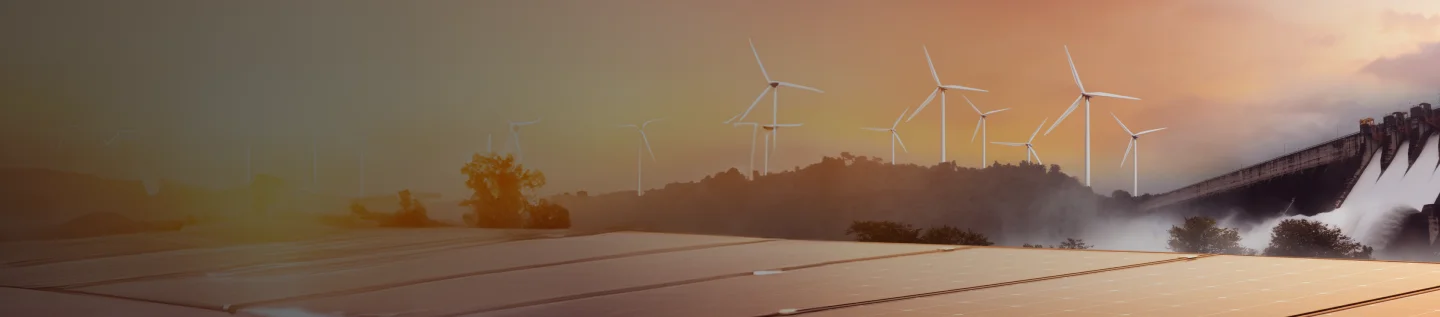 Clean energy generation: solar panels, wind turbines, and hydroelectric dam