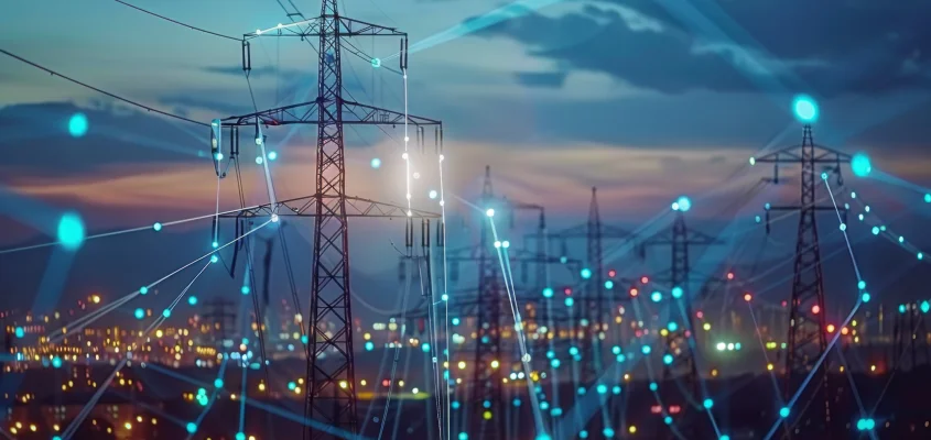 Smart grid power lines with digital overlay showing data flow and smart meter connectivity