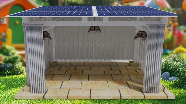 Serene Corner solar space with curtains and hanging lights