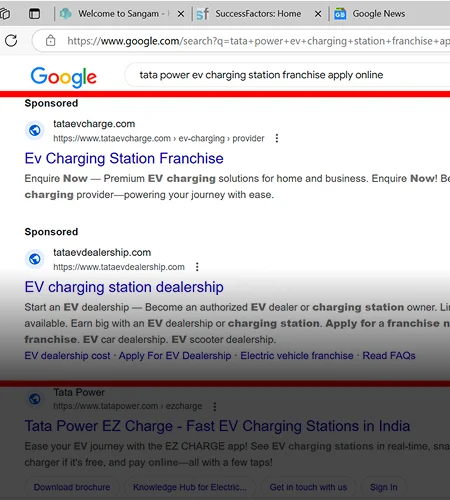 Fake websites tataevcharge.com and tataevdealership.com are appearing above the official Tata Power site in Google Sponsored Ads.