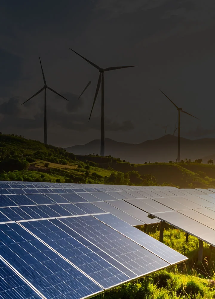 Renewable energy sources including solar panels and wind turbines