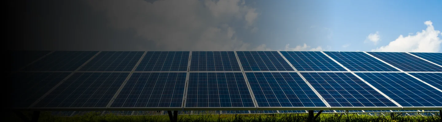 Solar panel field under clouds for solar calculator