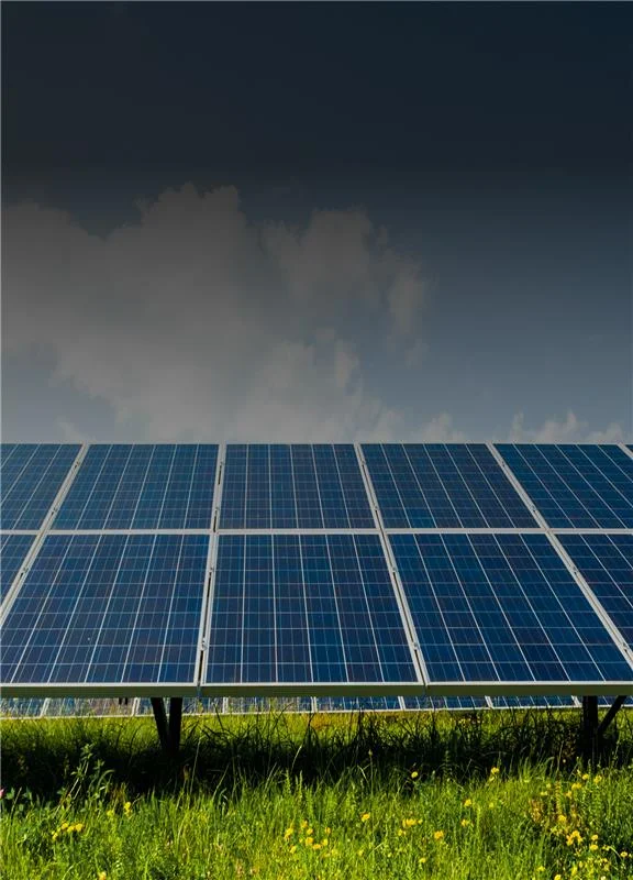 Solar panel field under clouds for solar calculator