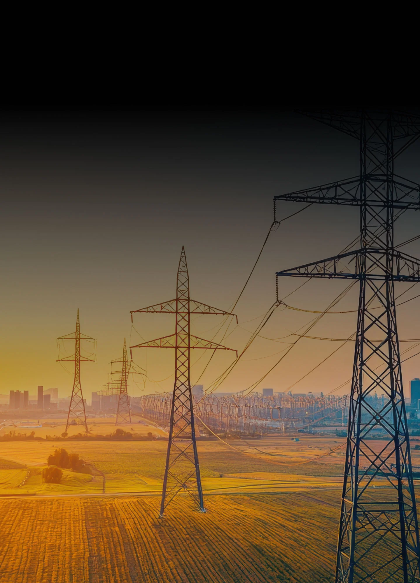 Power grid infrastructure featuring tall transmission towers and cables
