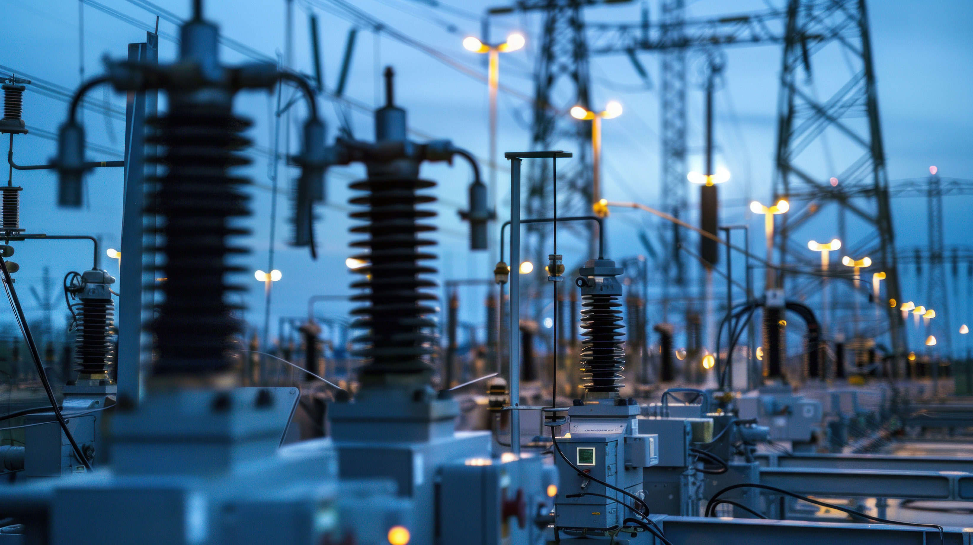 Electrical substation equipment with transformers and insulators for power distribution