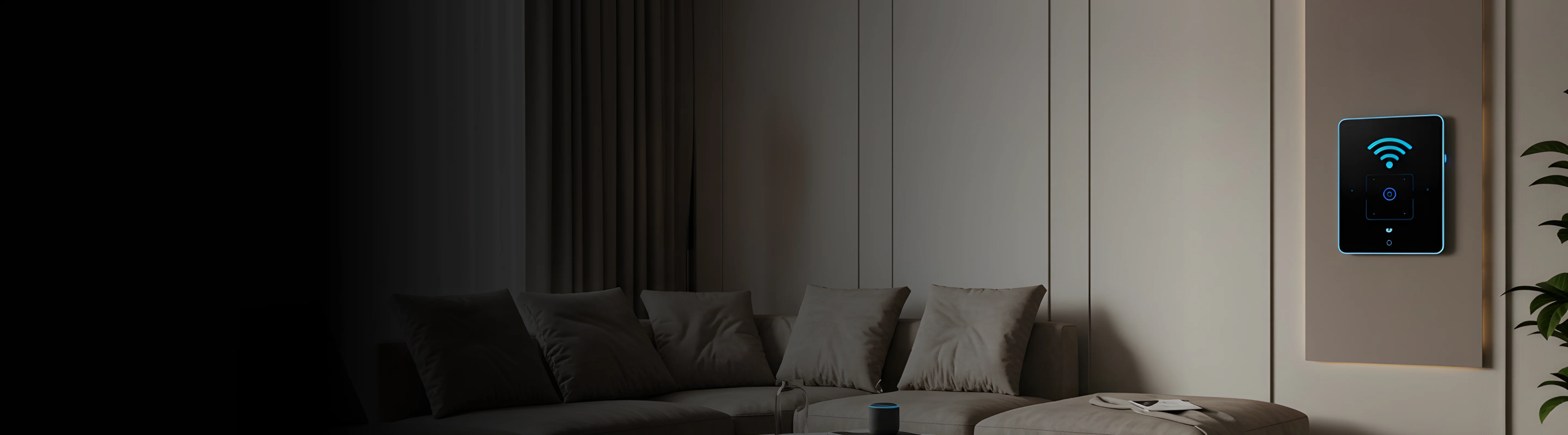 Smart home device on a wall in a modern living room for Airbnb automation tips