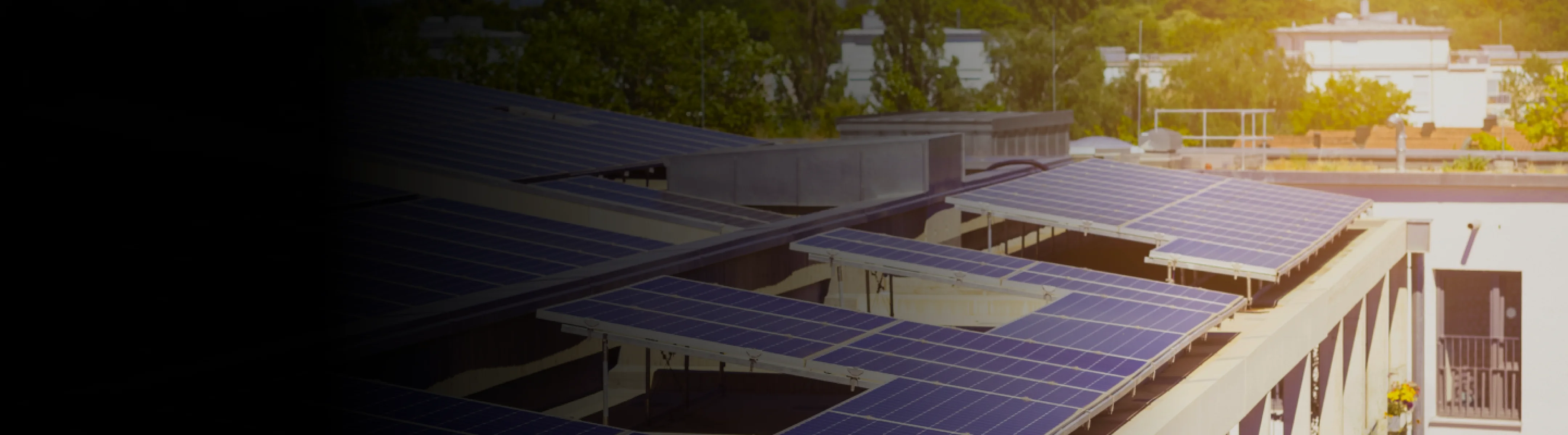 Solar panels generating power on building rooftop