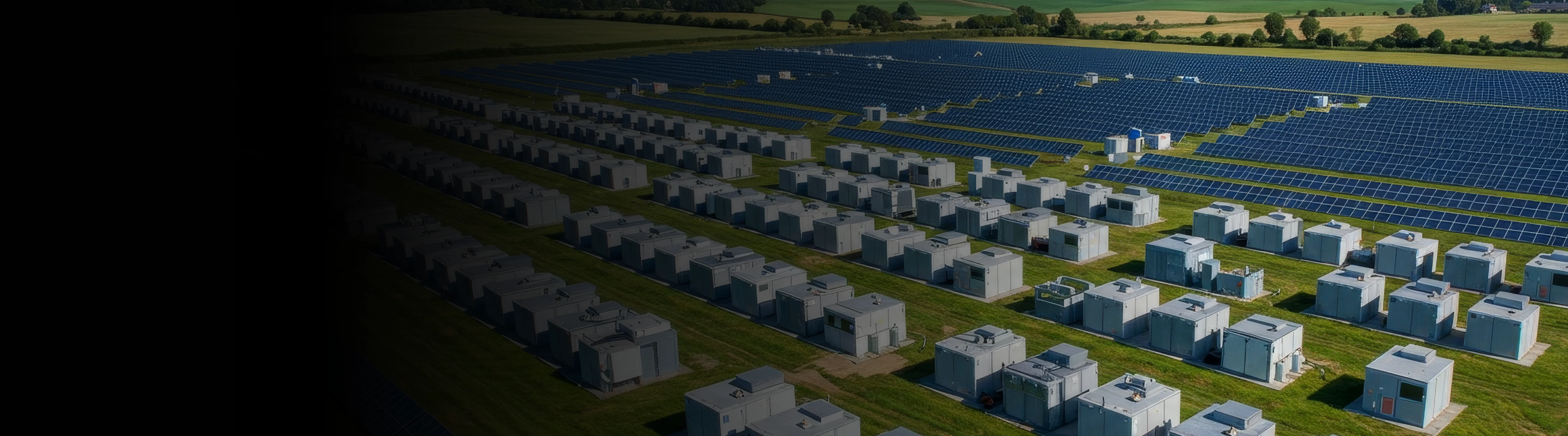 Large solar power plant featuring solar panels and battery storage systems