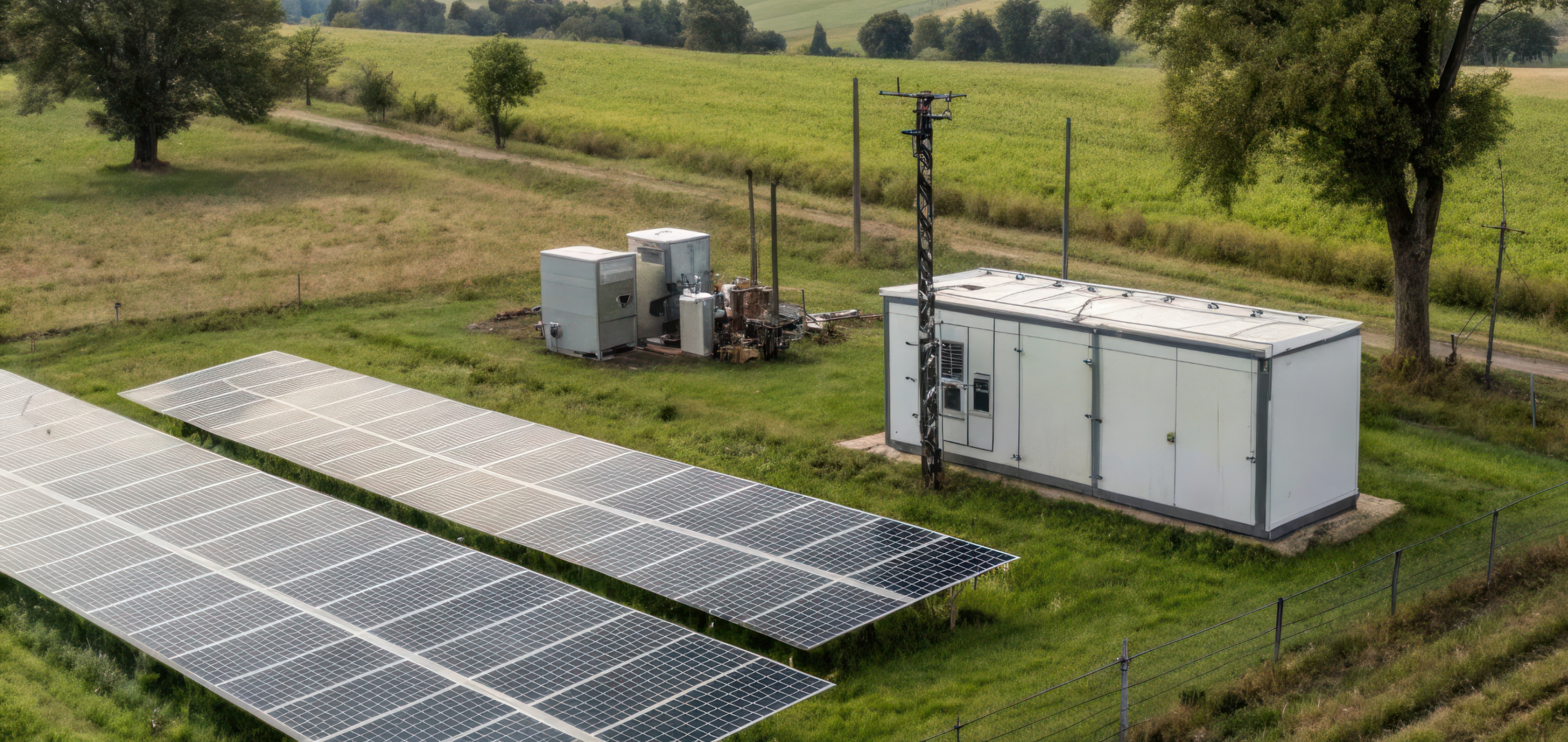 Solar power plant with battery storage in a field