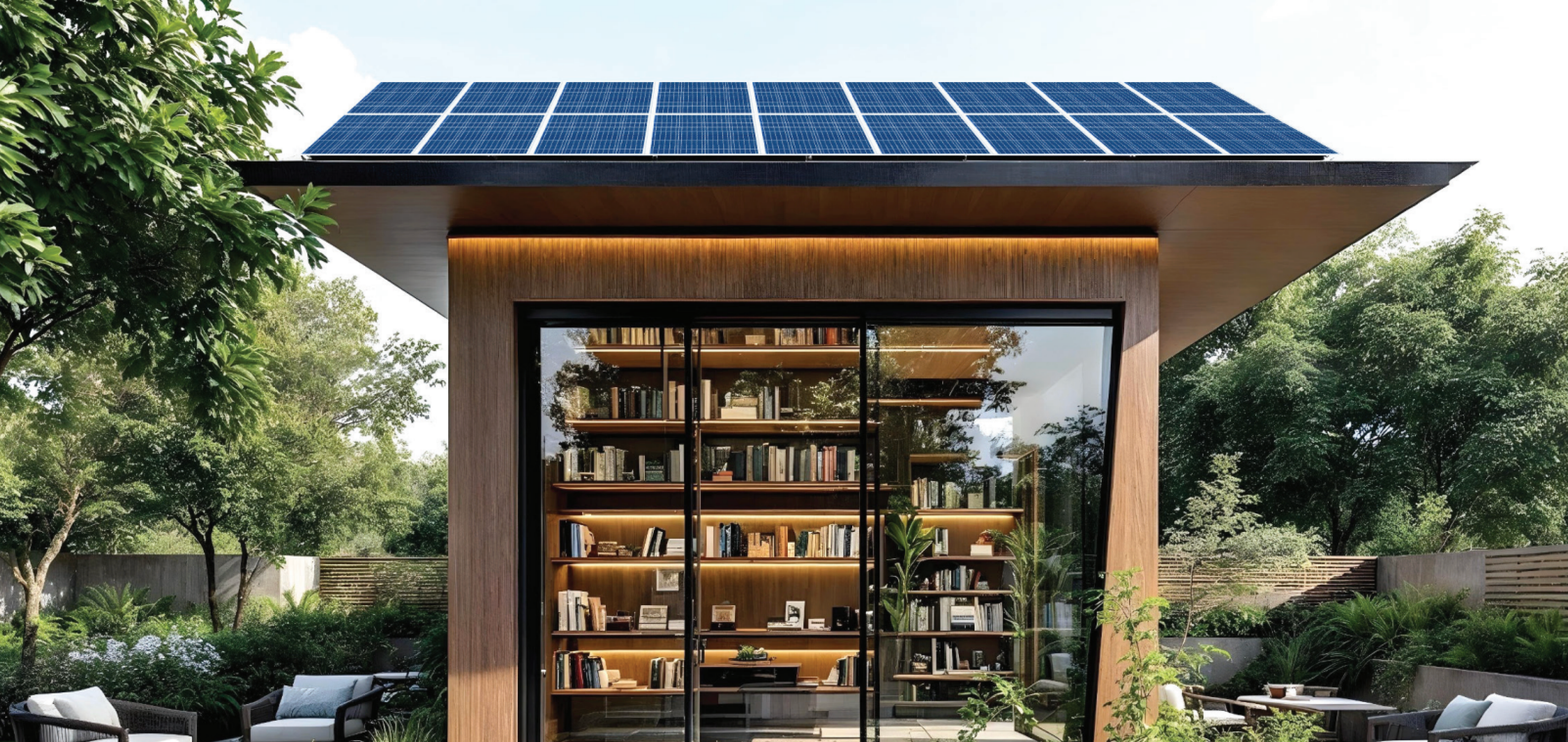 Modern garden library with solar panels on the roof
