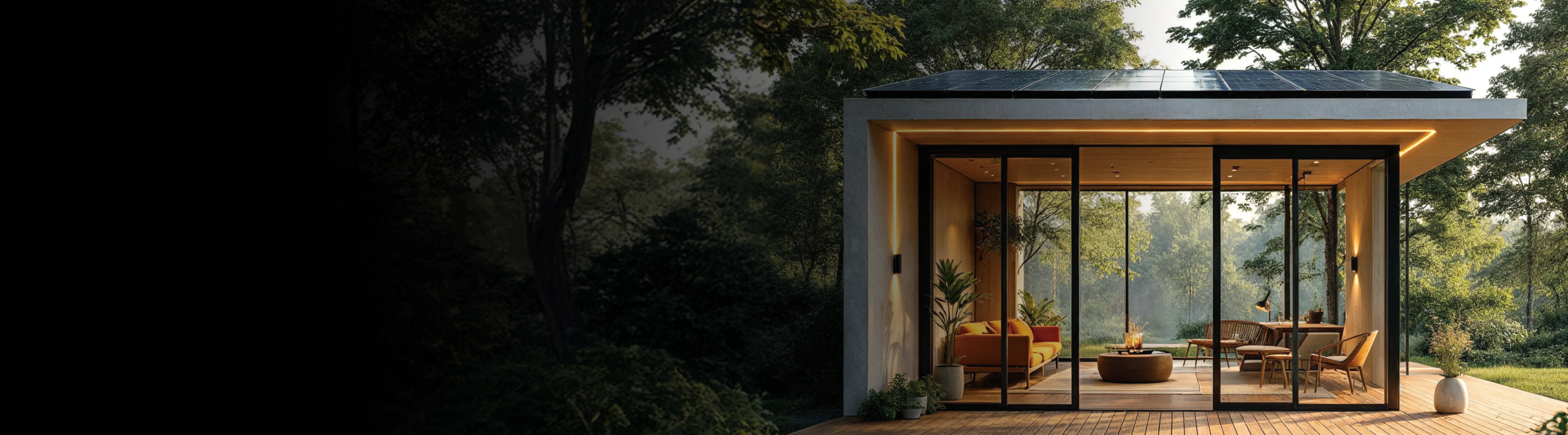 Solar-powered house with panels on the roof and trees around