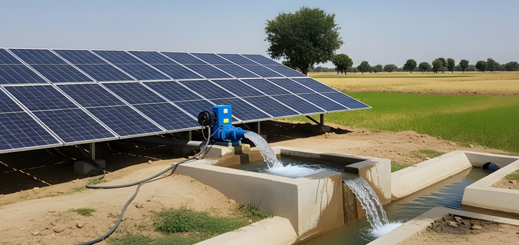 Solar-powered water pump irrigating a green field