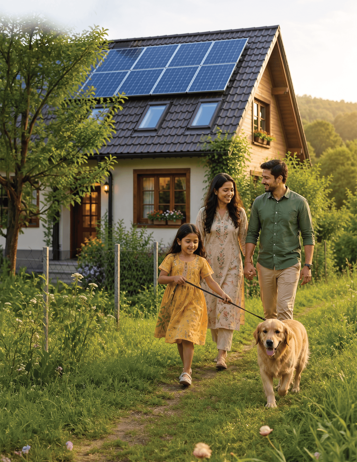 A family walking home past their rooftop solar installation
